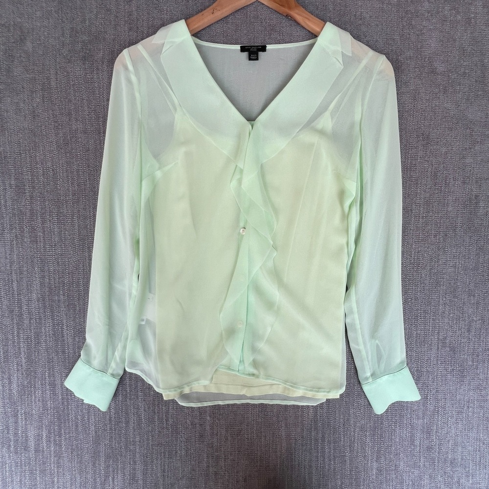 Ann Taylor Blouse Top Womens Petite XSP Mint Green Sheer Ruffle Button Front